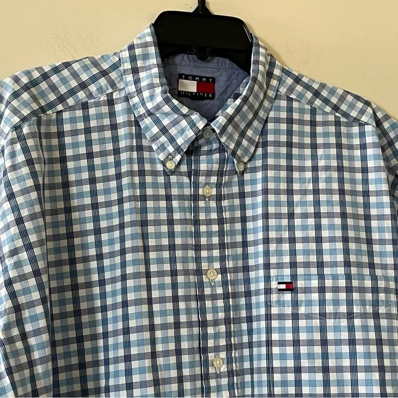 Tommy Hilfiger Men's Blue & White Button Down Checkered Shirt Size XL - Picture 9 of 14
